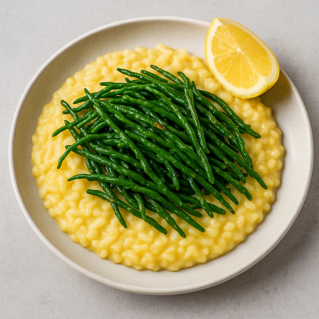 Gericht Ein Teller mit Risotto und einem Zitronenschnitz.