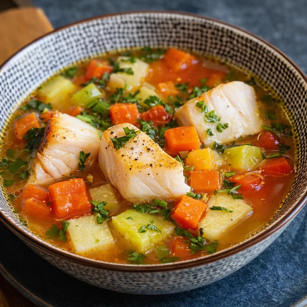 Eine Schüssel Suppe mit Fisch und Gemüse.