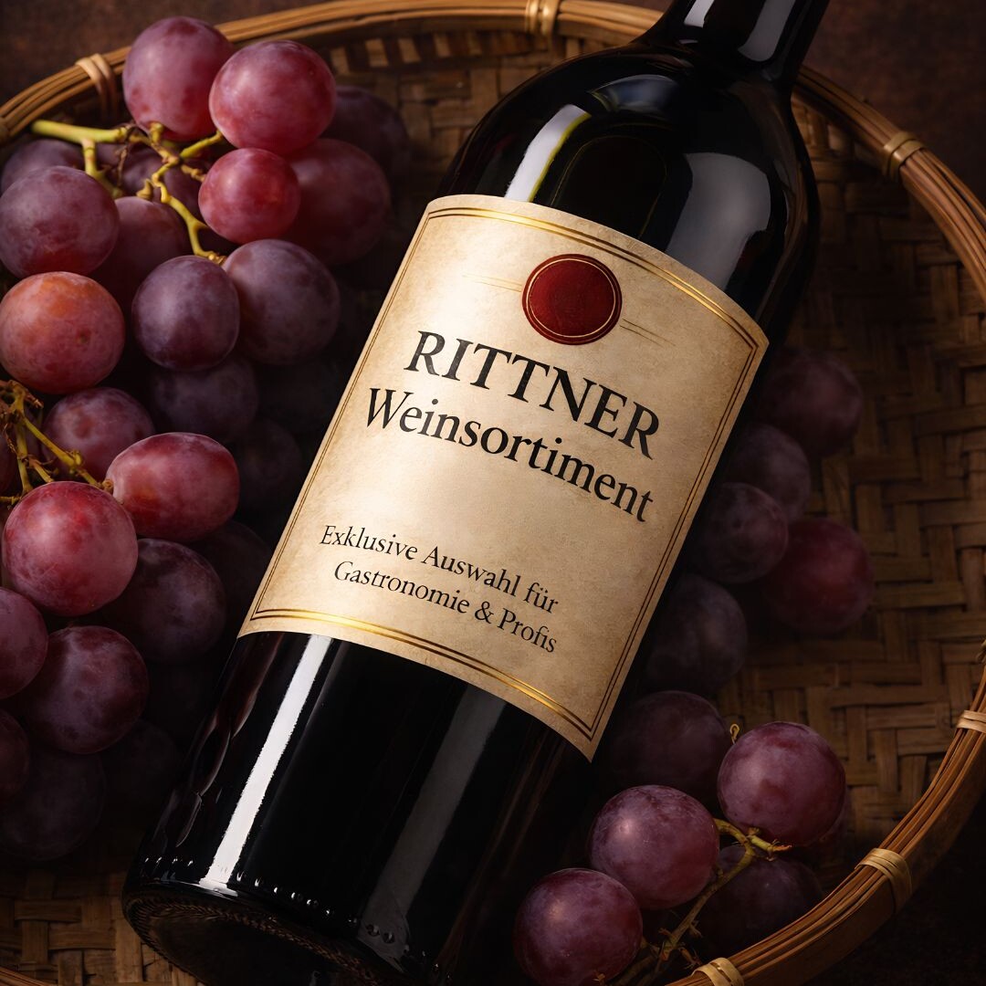 Eine Flasche Wein und Trauben in einem Korb